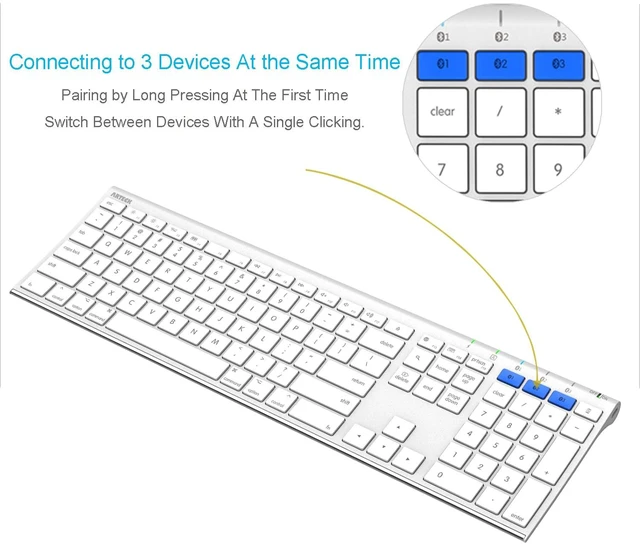 Alt view image 3 of 7 - Arteck Bluetooth Keyboard for Mac iPad Multi-Device Stainless Steel Full Size Wireless Keyboard Compatible with iPad, iMac, Mac mini, MacBook, iPhone Built-in Rechargeable Battery