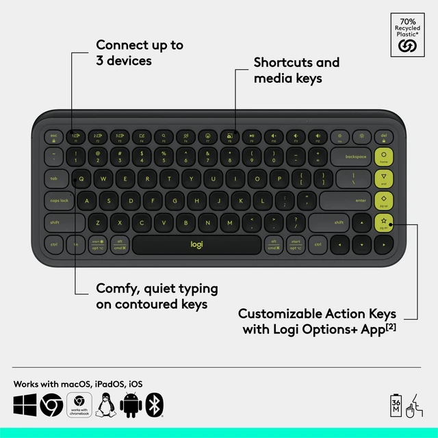 Alt view image 6 of 7 - Logitech POP ICON Keys Wireless Bluetooth Keyboard - Graphite and Green | Colorful, compact, quiet keyboard with 4 extra customizable Action Keys, connect up to 3 devices via Easy-Switch keys, PC/Mac