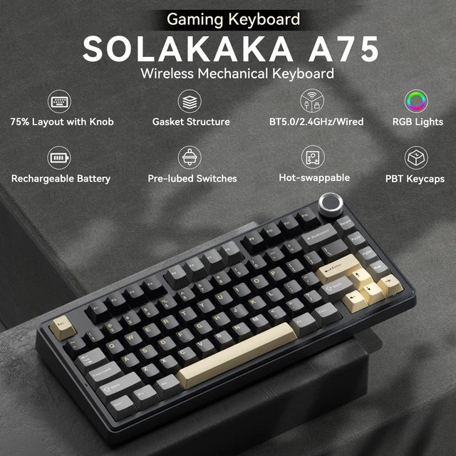 Alt view image 2 of 7 - SOLAKAKA A75 75% Wireless Gaming Keyboard with Multifunction Knob, Black | Mechanical Keyboard with 2.4GHz/BT5.0/USB-C, Gasket Structure, Hot-Swappable, Creamy Linear Switches, RGB for Win/Mac/PC