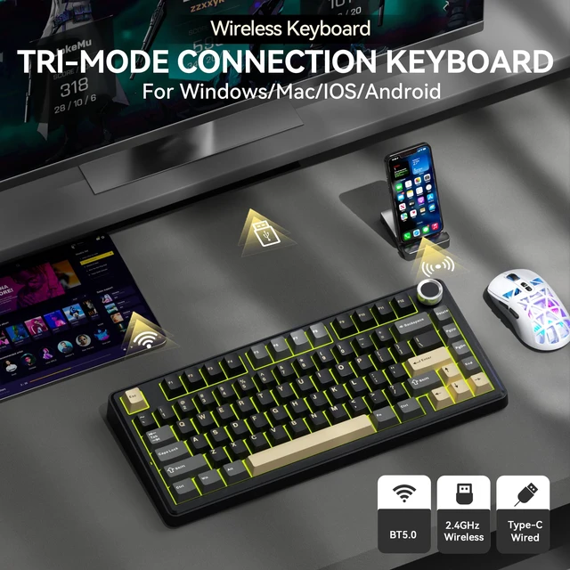 Alt view image 3 of 7 - SOLAKAKA A75 75% Wireless Gaming Keyboard with Multifunction Knob, Black | Mechanical Keyboard with 2.4GHz/BT5.0/USB-C, Gasket Structure, Hot-Swappable, Creamy Linear Switches, RGB for Win/Mac/PC