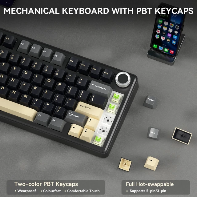 Alt view image 4 of 7 - SOLAKAKA A75 75% Wireless Gaming Keyboard with Multifunction Knob, Black | Mechanical Keyboard with 2.4GHz/BT5.0/USB-C, Gasket Structure, Hot-Swappable, Creamy Linear Switches, RGB for Win/Mac/PC