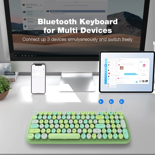 Alt view image 2 of 6 - MOFII Wireless Bluetooth Keyboard for Mac, iPad, iPhone, PC, Laptop & Android, Connect up to 3 Devices Simultaneously, Portable 100-Key Typewriter Retro Round Keycaps Keyboard Green