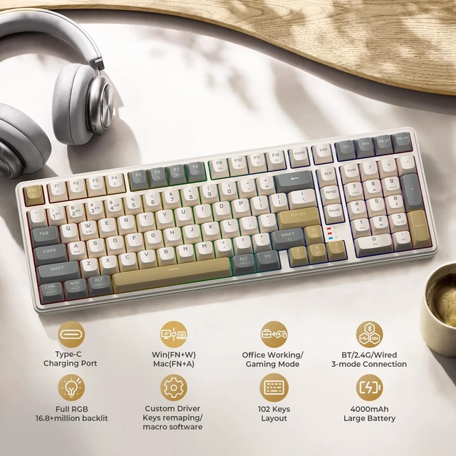 Alt view image 2 of 7 - Redragon K528 Wireless Gaming Keyboard Bluetooth Computer Keyboards Creamy Cute with Number Pad RGB Backlit Tri-Mode BT/2.4GHz/USB-C, 4000mAh Battery for Win/MAC- Dusty Olive