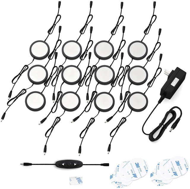Main image of EShine Under Cabinet LED Puck Lights with Dimmer Switch, Dimmable, 12 Pcs, Black Round Under Counter Lights for Kitchen, Garage, Office, Desk - Cool White (6000K)