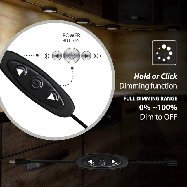 Alt view image 2 of 6 - EShine Under Cabinet LED Puck Lights with Dimmer Switch, Dimmable, 12 Pcs, Black Round Under Counter Lights for Kitchen, Garage, Office, Desk - Cool White (6000K)