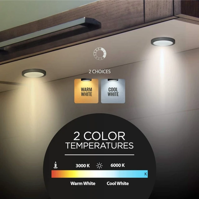 Alt view image 4 of 6 - EShine Under Cabinet LED Puck Lights with Dimmer Switch, Dimmable, 12 Pcs, Black Round Under Counter Lights for Kitchen, Garage, Office, Desk - Cool White (6000K)