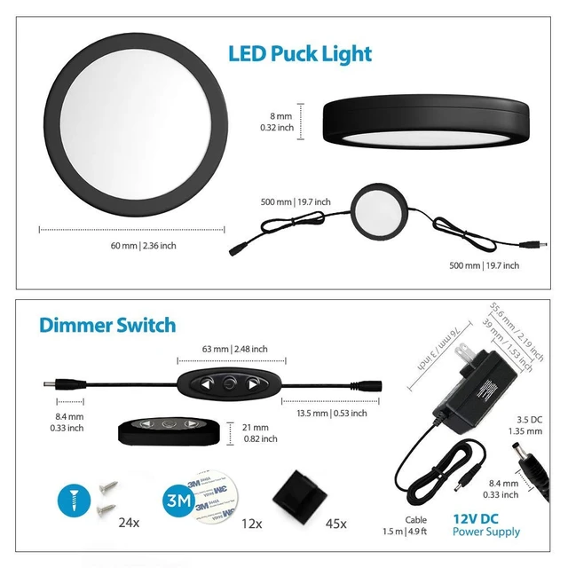 Alt view image 6 of 6 - EShine Under Cabinet LED Puck Lights with Dimmer Switch, Dimmable, 12 Pcs, Black Round Under Counter Lights for Kitchen, Garage, Office, Desk - Cool White (6000K)