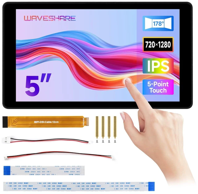 Main image of Waveshare 5inch DSI Capacitive Touch Display, Compatible with Raspberry Pi 5/4B/3B+/3A+, 720 × 1280, IPS, Optical Bonding Toughened Glass Panel, DSI Interface, 5-Point Touch, Aluminum Alloy Case