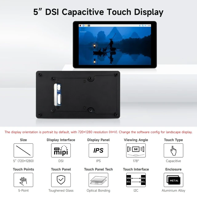 Alt view image 3 of 7 - Waveshare 5inch DSI Capacitive Touch Display, Compatible with Raspberry Pi 5/4B/3B+/3A+, 720 × 1280, IPS, Optical Bonding Toughened Glass Panel, DSI Interface, 5-Point Touch, Aluminum Alloy Case
