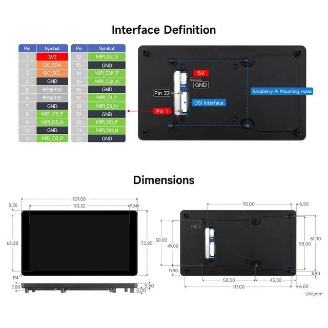 Alt view image 7 of 7 - Waveshare 5inch DSI Capacitive Touch Display, Compatible with Raspberry Pi 5/4B/3B+/3A+, 720 × 1280, IPS, Optical Bonding Toughened Glass Panel, DSI Interface, 5-Point Touch, Aluminum Alloy Case