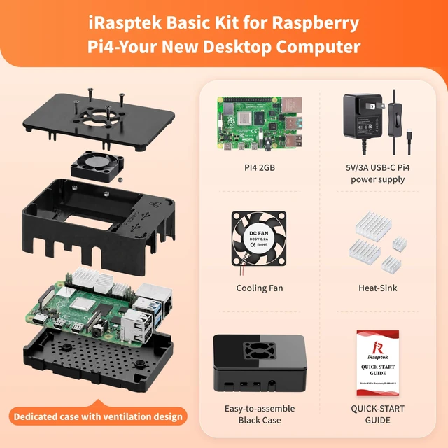 Alt view image 2 of 7 - iRasptek Basic Kit for Raspberry Pi 4B 2GB RAM Included PI4 Case,5V 3A Power Supply,Cooling Fan and Heat-Sink