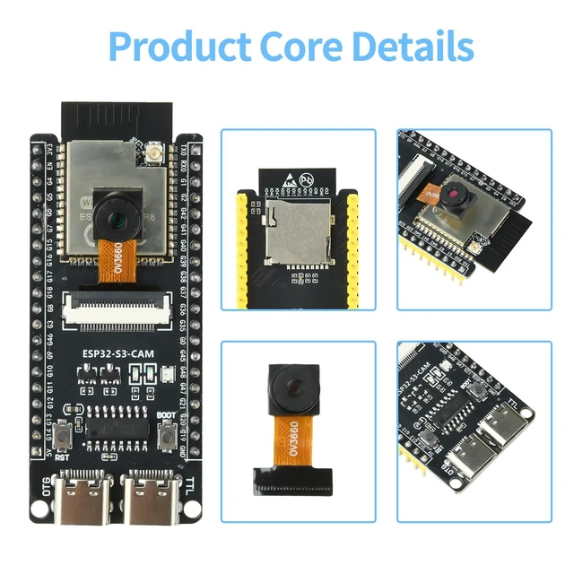 Alt view image 3 of 6 - 3Pcs ESP32-S3-CAM Development Board with OV3660 Camera, ESP32-S3-WROOM N16R8 Module with Dual Type-C Interface Support Wi-Fi and Bluetooth MCU Microcontroller for IoT, DIY and AI Project