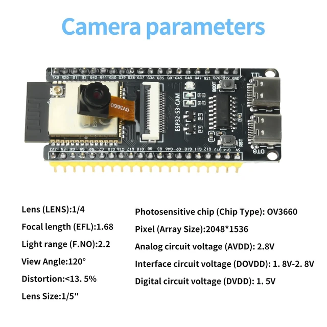 Alt view image 4 of 6 - 3Pcs ESP32-S3-CAM Development Board with OV3660 Camera, ESP32-S3-WROOM N16R8 Module with Dual Type-C Interface Support Wi-Fi and Bluetooth MCU Microcontroller for IoT, DIY and AI Project
