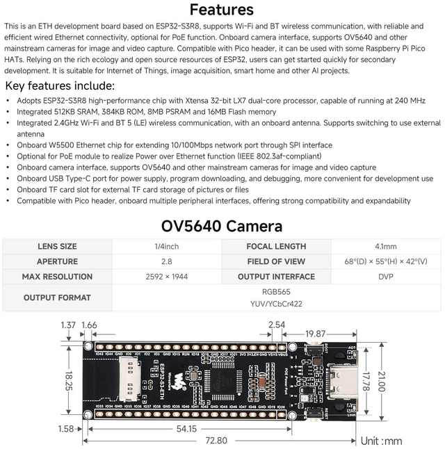Alt view image 4 of 7 - ESP32-S3 ETH Development Board, 10/100Mbps RJ45 Ethernet Port, Wi-Fi & BT Support, 240MHz Dual Core Processor, Onboard Type-C Port and TF Card Slot, PoE Module