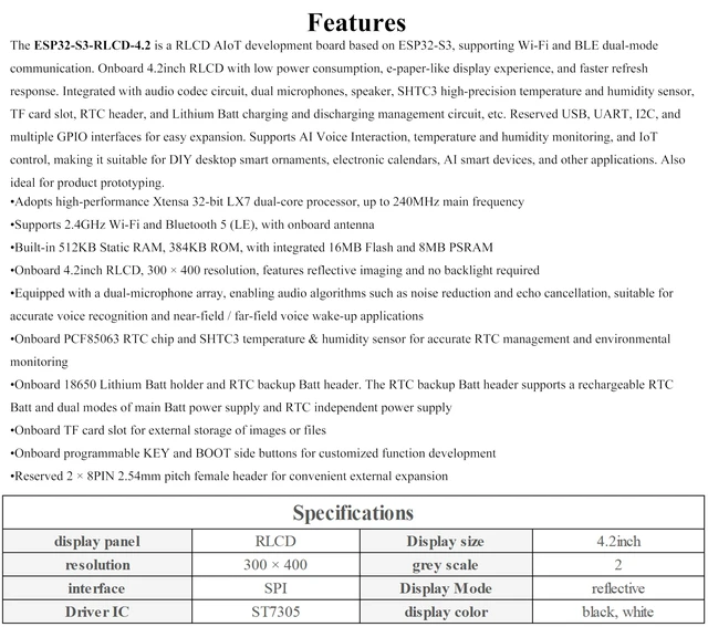 Alt view image 5 of 7 - ESP32-S3 4.2inch RLCD Development Board, 300 x 400, E-Paper-Like Screen, Supports Wi-Fi & BLE Dual-Mode Communication and AI Voice Interaction, Temperature & Humidity Monitoring, DIY