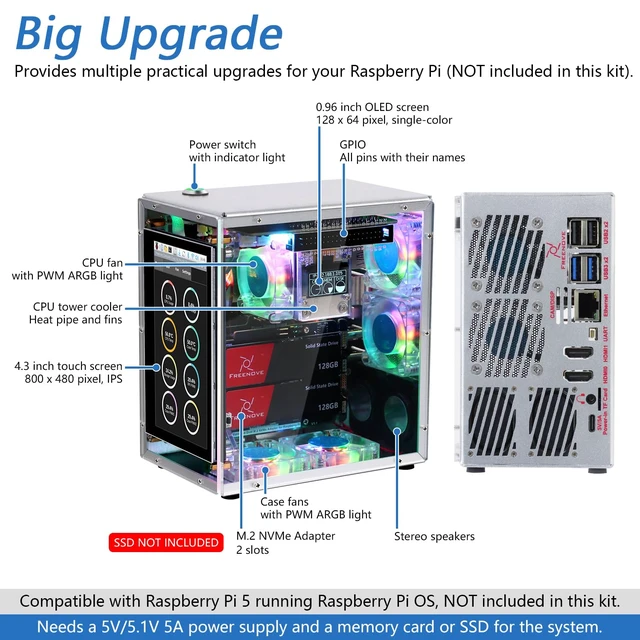 Alt view image 2 of 7 - FREENOVE Raspberry Pi 5 Case Kit Pro, Dual M.2 NVMe SSD Slots, 5 PWM ARGB Fans Light Sync, CPU Tower Cooler, 4.3" Touchscreen, Stereo Speakers, 3.5 mm Audio (SSD NOT Included)