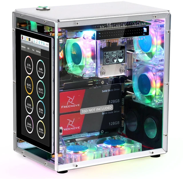 Main image of FREENOVE Raspberry Pi 5 Case Kit Pro, Dual M.2 NVMe SSD Slots, 5 PWM ARGB Fans Light Sync, CPU Tower Cooler, 4.3" Touchscreen, Stereo Speakers, 3.5 mm Audio (SSD NOT Included)