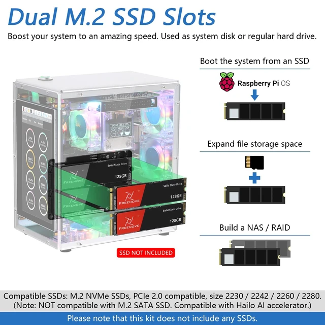 Alt view image 3 of 7 - FREENOVE Raspberry Pi 5 Case Kit Pro, Dual M.2 NVMe SSD Slots, 5 PWM ARGB Fans Light Sync, CPU Tower Cooler, 4.3" Touchscreen, Stereo Speakers, 3.5 mm Audio (SSD NOT Included)