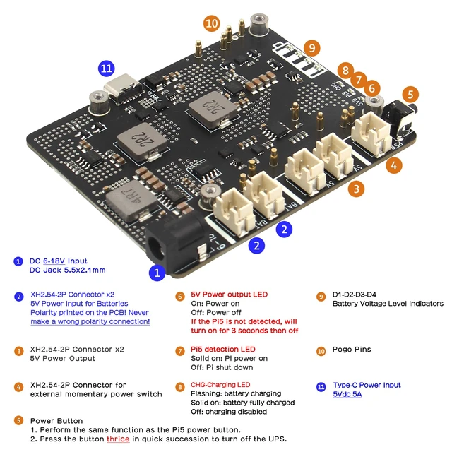 Alt view image 3 of 7 - Geekworm X1203 5V UPS Expansion Board for Raspberry Pi 5, Wide 6-18V Input | Max 5.1V 5A Output, Power Management, Auto Power On, Safe Shutdown, Power Loss Detection, Batteries NOT Included