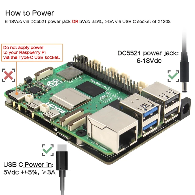 Alt view image 4 of 7 - Geekworm X1203 5V UPS Expansion Board for Raspberry Pi 5, Wide 6-18V Input | Max 5.1V 5A Output, Power Management, Auto Power On, Safe Shutdown, Power Loss Detection, Batteries NOT Included