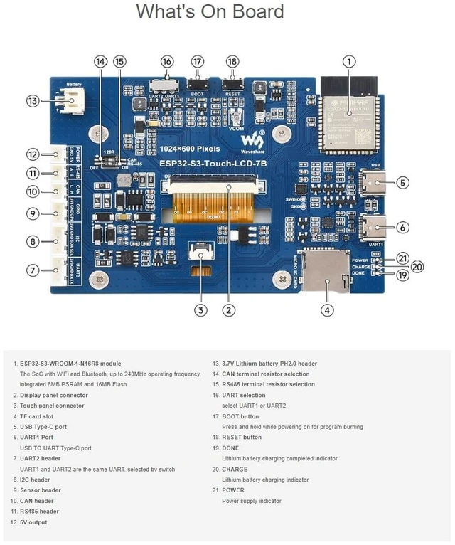 Alt view image 5 of 7 - ESP32-S3 7inch Touch Display Development Board Type B,7IPS LCD Screen | 1024×600 Resolution,65K Color,Supports Wi-Fi and Bluetooth BLE 5,Backlight Adjustable, Multiple Peripheral Interfaces