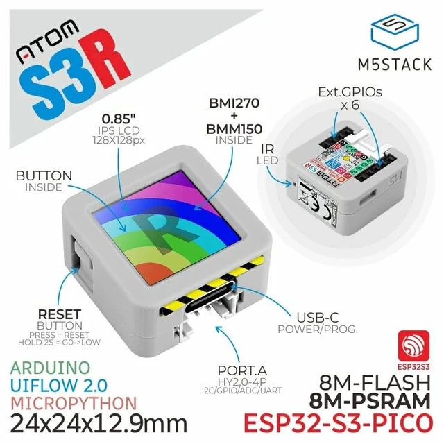 Alt view image 2 of 7 - M5Stack Official ATOMS3R Compact ESP32-S3 Dev Kit with 0.85-inch Screen, 8MB onboard Flash, and 8MB PSRAM, White (Atom S3R - C126)