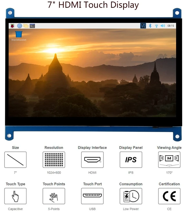 Alt view image 2 of 7 - 7inch HDMI LCD IPS Capacitive Touch Screen, 1024×600 Display Monitor | Compatible with Raspberry Pi 5/4B/3B+/3B/Pi Zero W/Zero 2W/Pico/Pico W/Pico 2/Pico 2WJetson Nano/Win10/8/7,etc.