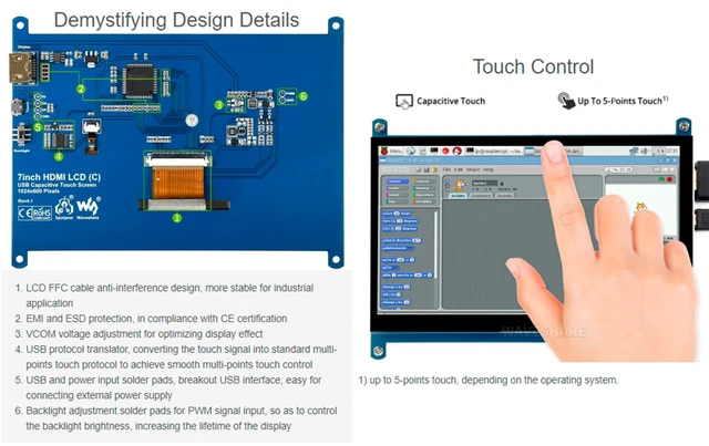 Alt view image 3 of 7 - 7inch HDMI LCD IPS Capacitive Touch Screen, 1024×600 Display Monitor | Compatible with Raspberry Pi 5/4B/3B+/3B/Pi Zero W/Zero 2W/Pico/Pico W/Pico 2/Pico 2WJetson Nano/Win10/8/7,etc.