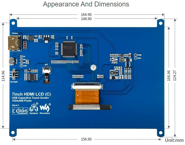 Alt view image 7 of 7 - 7inch HDMI LCD IPS Capacitive Touch Screen, 1024×600 Display Monitor | Compatible with Raspberry Pi 5/4B/3B+/3B/Pi Zero W/Zero 2W/Pico/Pico W/Pico 2/Pico 2WJetson Nano/Win10/8/7,etc.