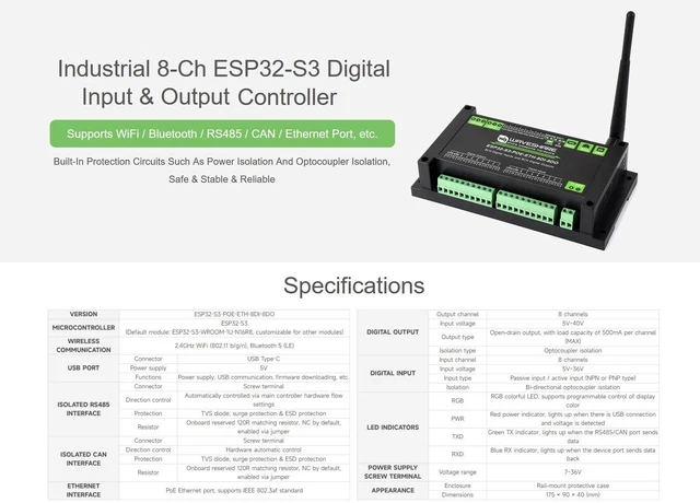 Alt view image 3 of 7 - waveshare ESP32-S3 8-Ch Digital Input & Output Controller, Dual-core Processor, Built-in PoE Module, Support WiFi/Bluetooth / RS485 / CAN/ETH Port, etc. Multiple Isolation Protection Circuits