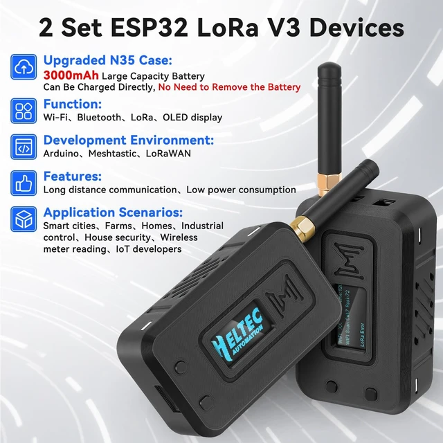Alt view image 2 of 7 - Meshnology 2 Set ESP32 Lo Ra V3 Module Board with 915 MHz Antenna + 3000mAh Battery + Case - WiFi Blue Tooth SX1262 CP2102 0.96 OLED Display Type C for Ar duino Mesh Tastic IoT (N35, Black)