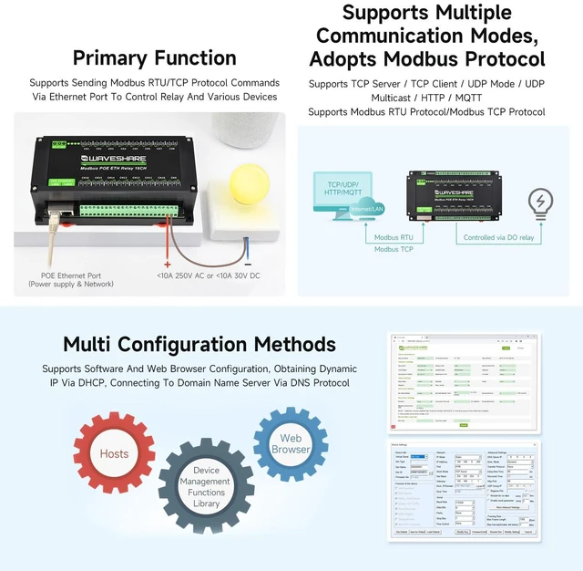 Alt view image 4 of 7 - Waveshare 16-Ch Ethernet Module, Modbus RTU/TCP, Ethernet Communication, Support PoE, Various Isolation & Protection Circuits, Industrial Rail-Mount