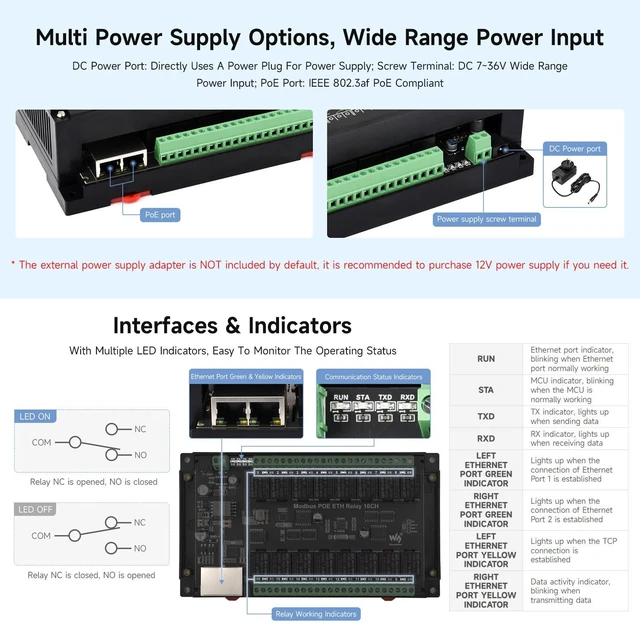 Alt view image 5 of 7 - Waveshare 16-Ch Ethernet Module, Modbus RTU/TCP, Ethernet Communication, Support PoE, Various Isolation & Protection Circuits, Industrial Rail-Mount
