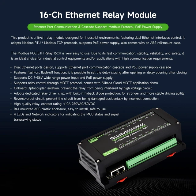 Alt view image 3 of 7 - Waveshare 16-Ch Ethernet Module, Modbus RTU/TCP, Ethernet Communication, Support PoE, Various Isolation & Protection Circuits, Industrial Rail-Mount