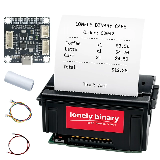 Main image of Lonely Binary 58mm Thermal Receipt Printer Kit Type-C for ESP32 & C++ | USB-C PD 9V powered, single cable; UART TTL & RS232; 203 DPI, 48mm width; for Pico, STM32; POS, IoT, taximeter, data logger