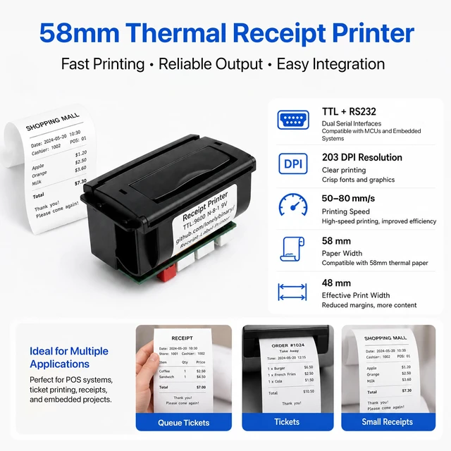 Alt view image 3 of 7 - Lonely Binary 58mm Thermal Receipt Printer Kit Type-C for ESP32 & C++ | USB-C PD 9V powered, single cable; UART TTL & RS232; 203 DPI, 48mm width; for Pico, STM32; POS, IoT, taximeter, data logger