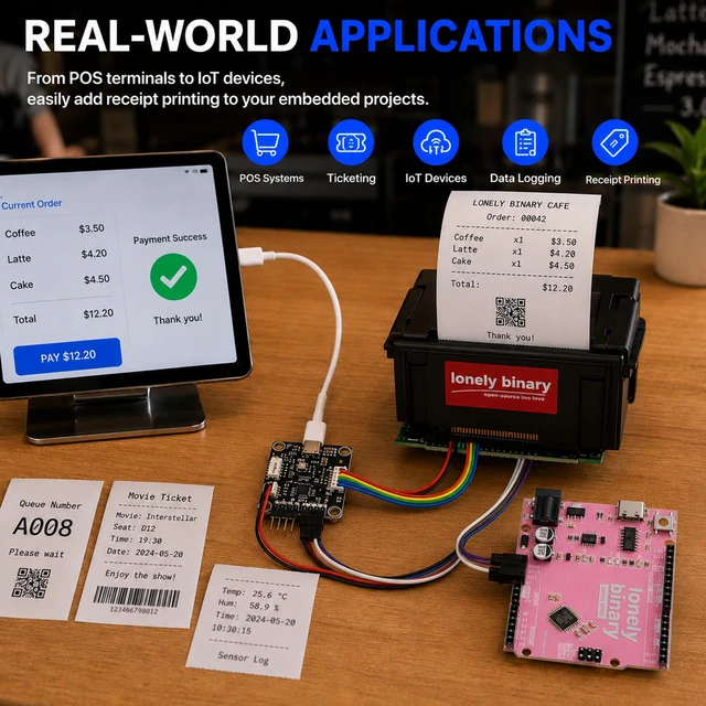 Alt view image 6 of 7 - Lonely Binary 58mm Thermal Receipt Printer Kit Type-C for ESP32 & C++ | USB-C PD 9V powered, single cable; UART TTL & RS232; 203 DPI, 48mm width; for Pico, STM32; POS, IoT, taximeter, data logger