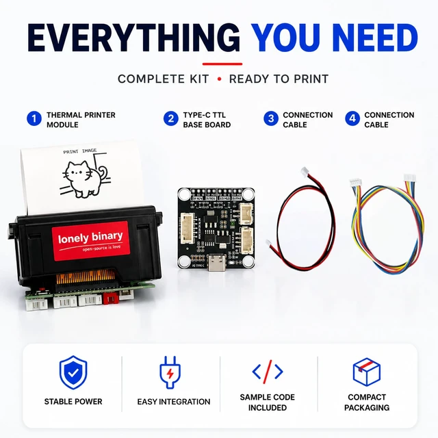 Alt view image 7 of 7 - Lonely Binary 58mm Thermal Receipt Printer Kit Type-C for ESP32 & C++ | USB-C PD 9V powered, single cable; UART TTL & RS232; 203 DPI, 48mm width; for Pico, STM32; POS, IoT, taximeter, data logger