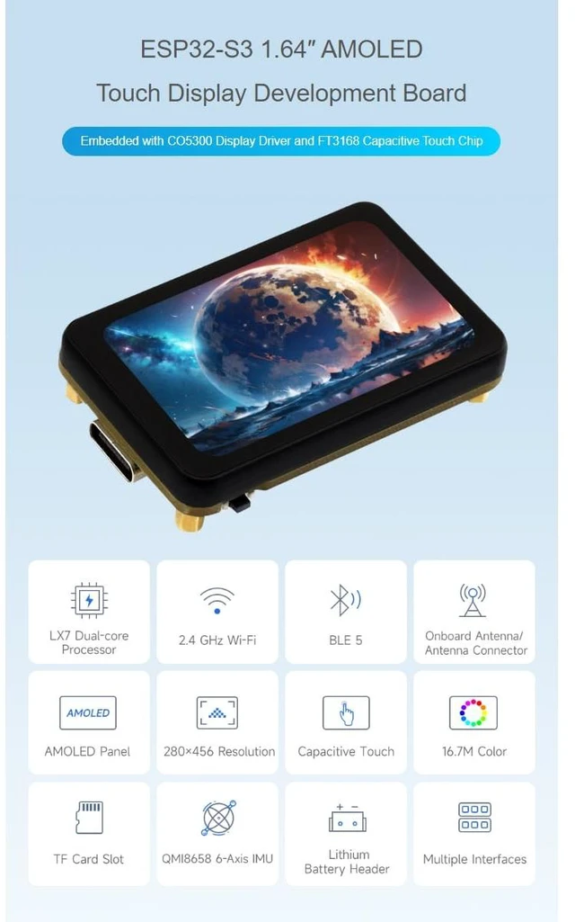 Alt view image 3 of 7 - waveshare ESP32-S3 1.64inch AMOLED Capacitive Touch Display Development Board 280×456 Resolution 16.7M Color Display,178° Wide Viewing Angle,Support Wi-Fi and BLE 5,QSPI Interface