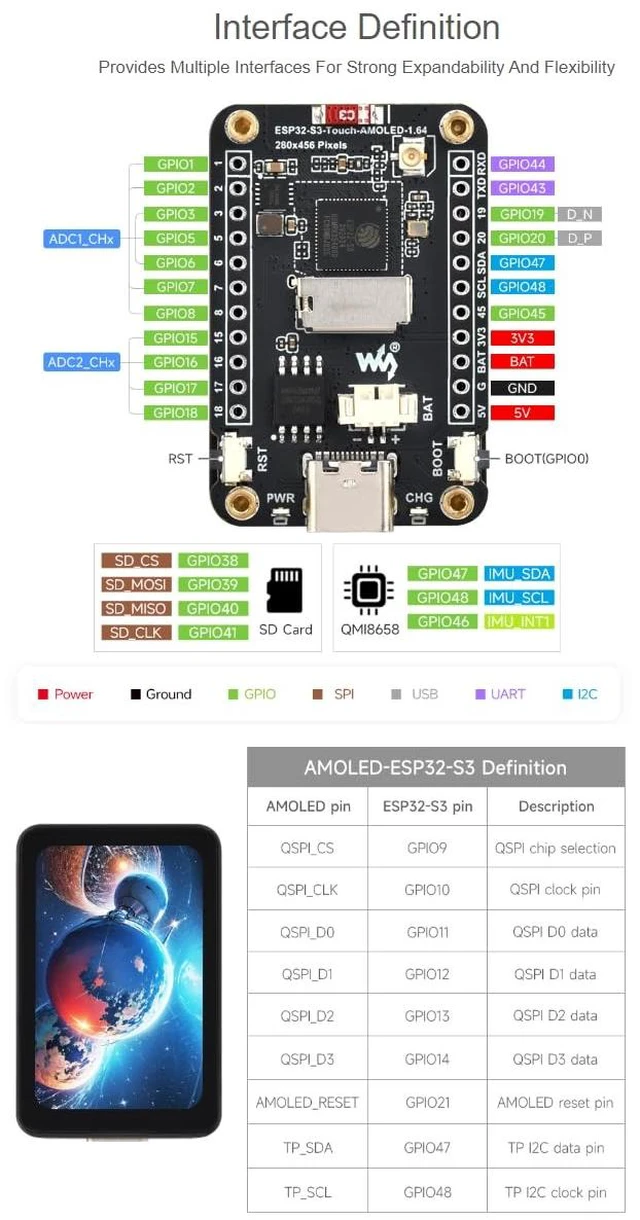 Alt view image 6 of 7 - waveshare ESP32-S3 1.64inch AMOLED Capacitive Touch Display Development Board 280×456 Resolution 16.7M Color Display,178° Wide Viewing Angle,Support Wi-Fi and BLE 5,QSPI Interface
