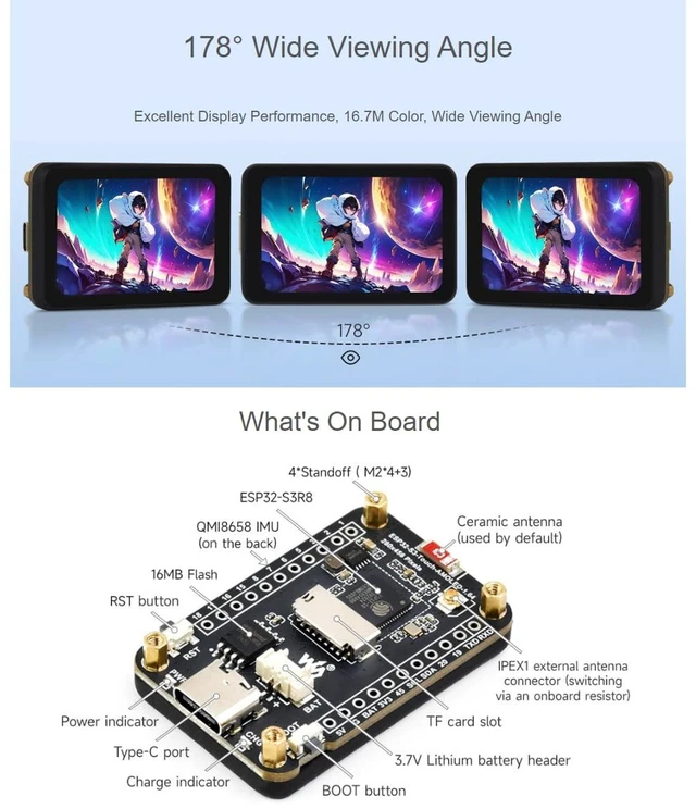 Alt view image 4 of 7 - waveshare ESP32-S3 1.64inch AMOLED Capacitive Touch Display Development Board 280×456 Resolution 16.7M Color Display,178° Wide Viewing Angle,Support Wi-Fi and BLE 5,QSPI Interface
