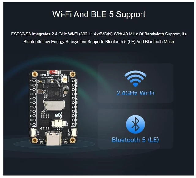 Alt view image 5 of 7 - waveshare ESP32-S3 1.64inch AMOLED Capacitive Touch Display Development Board 280×456 Resolution 16.7M Color Display,178° Wide Viewing Angle,Support Wi-Fi and BLE 5,QSPI Interface