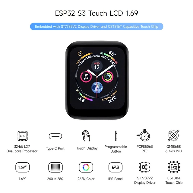 Alt view image 3 of 6 - Waveshare ESP32-S3 1.69inch Touch Display Development Board, 240×280 Pixels, Micro LCD Display with ESP32-S3, 262K Color, Compact Size, Accelerometer and Gyroscope Sensor