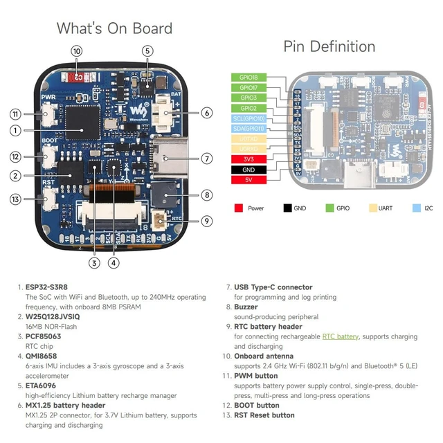 Alt view image 6 of 6 - Waveshare ESP32-S3 1.69inch Touch Display Development Board, 240×280 Pixels, Micro LCD Display with ESP32-S3, 262K Color, Compact Size, Accelerometer and Gyroscope Sensor