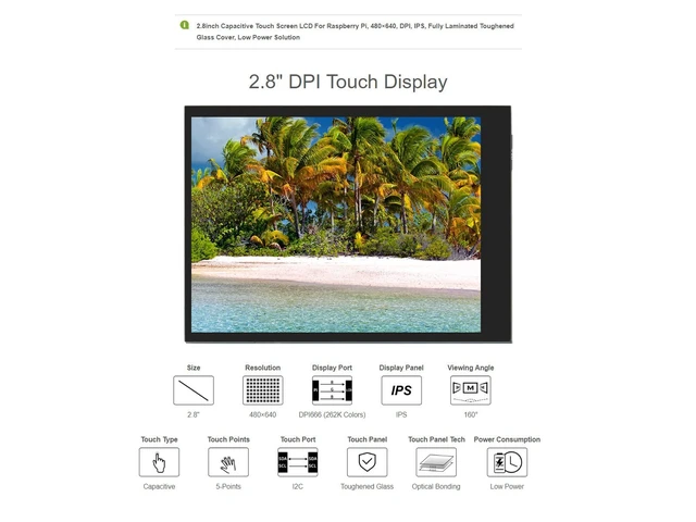 Alt view image 3 of 5 - Waveshare 2.8inch Screen LCD Compatible with Raspberry Pi 4B/3B+/3B/2B/B+/A+/Zero/Zero W/WH/Zero 2W 480×640 Resolution DPI IPS 5-Points Capacitive Touch Control Optical Bonding Toughened Glass Cover