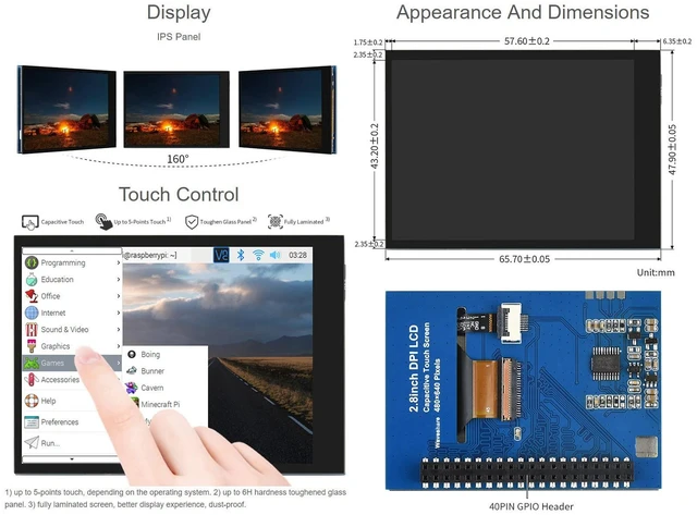 Alt view image 5 of 5 - Waveshare 2.8inch Screen LCD Compatible with Raspberry Pi 4B/3B+/3B/2B/B+/A+/Zero/Zero W/WH/Zero 2W 480×640 Resolution DPI IPS 5-Points Capacitive Touch Control Optical Bonding Toughened Glass Cover