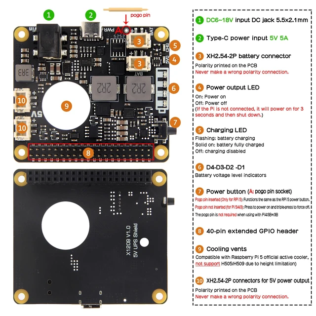 Alt view image 4 of 7 - Geekworm X1209 5.1V 6A UPS HAT for Raspberry Pi 5 with Wide 6-18V Input | Power Management, Auto Power On, Safe Shutdown, Power Loss Detection, Batteries NOT Included