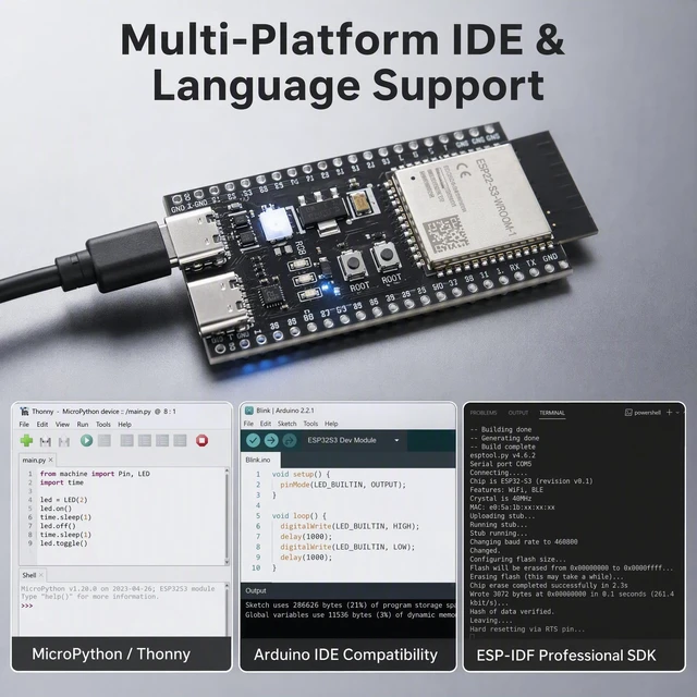 Alt view image 3 of 7 - ESP32-S3 Development Board N16R8, 2.4GHz Dual-Mode WiFi BT5.0, Dual Type-C | 240MHz Dual-Core LX7,ESP-IDF & MicroPython compatible, with dual USB-C for programming, flashing and debugging