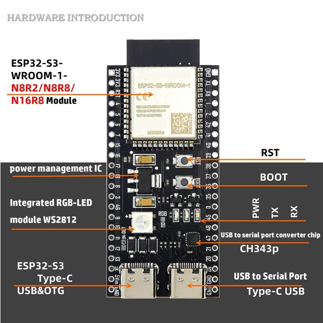 Alt view image 4 of 7 - ESP32-S3 Development Board N16R8, 2.4GHz Dual-Mode WiFi BT5.0, Dual Type-C | 240MHz Dual-Core LX7,ESP-IDF & MicroPython compatible, with dual USB-C for programming, flashing and debugging