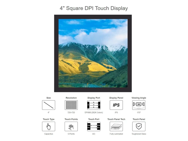 Alt view image 3 of 6 - waveshare 4inch Square Capacitive Touch Screen LCD Compatible with Raspberry Pi 4B/3B+/3B/2B/B+/A+/Zero/Zero W/WH/Zero 2W 720×720 Resolution DPI IPS Toughened Glass Cover Low Power Solution